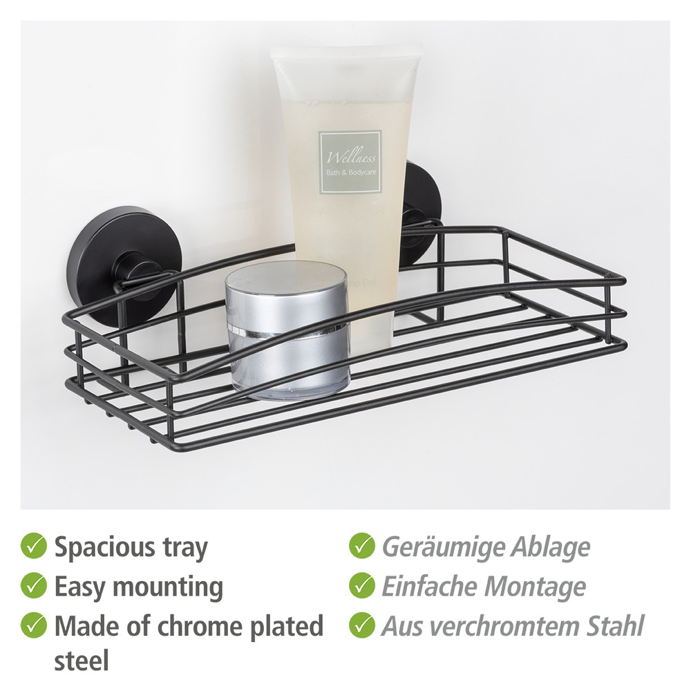 Etagère murale salle de bain, solution sans perçage, innovation "Vacuum Loc Plus", Pavia, Noir  Système "Vacuum Loc", fixer sans perçer