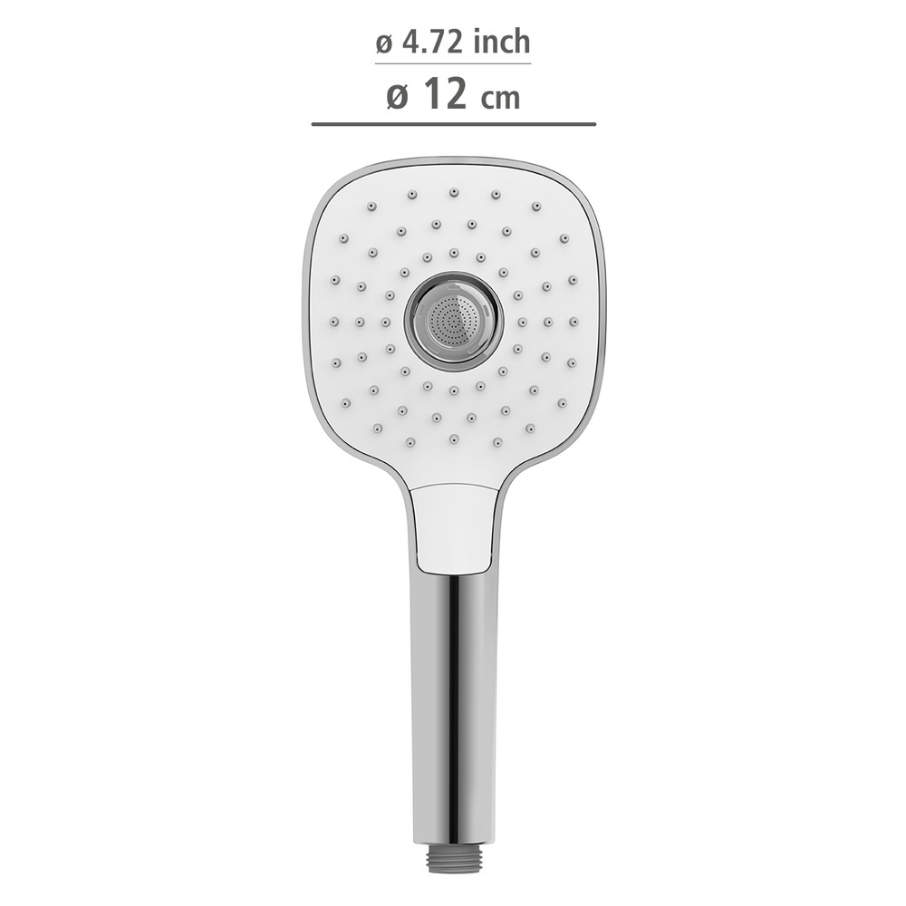 Pommeau de douche 3 jets, ø12 cm, carré, finition chromée et blanc, embout universel 1/2", powerboost  ø12 cm