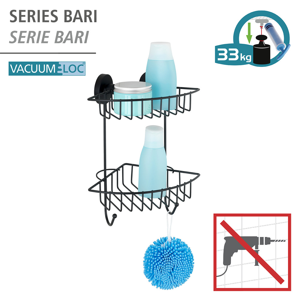 Etagère d'angle salle de bain, 2 paniers de rangement, solution sans perçage, innovation "Vacuum Loc Plus", Bari, Noir  Système "Vacuum Loc", fixer sans perçer