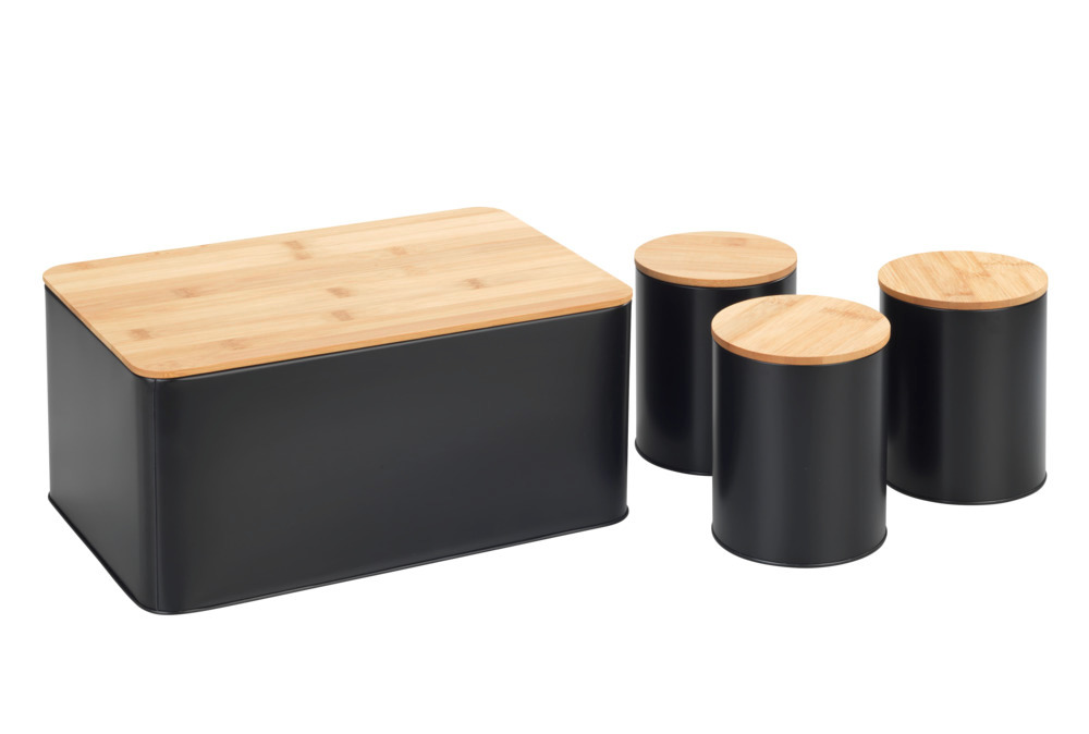 Lot de 4 rangements cuisine, boîte à pain avec planche à découper et 3 boites de conservation avec couvercle en bambou, noir, 32x21x5 cm  Noir, avec couvercle en bambou