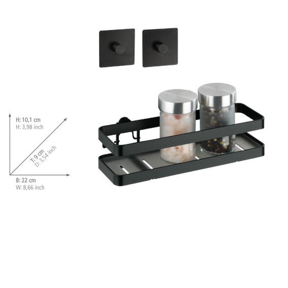 Etagère à épices murale noire Gala, étagère murale cuisine fixation  sans perçage avec adaptateur Turbo-Loc® inclus,   acier, 22x5,5x7 cm, noir mat