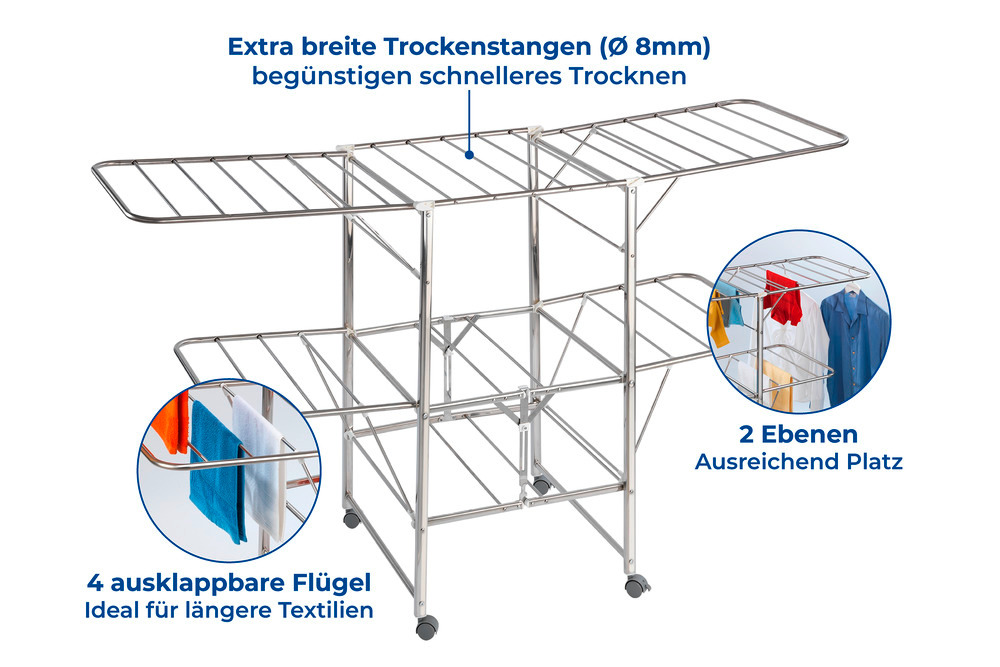 Séchoir à linge, étendoir à linge, intérieur et extérieur, à roulettes,  Mobil en acier inox  