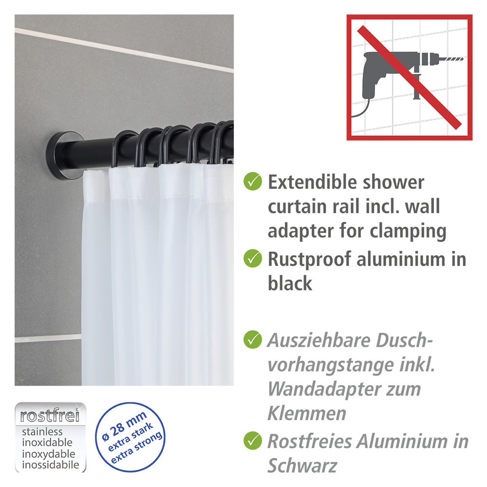 Barre de douche extensible, tringle rideau de douche 100% inox noir, 70-115 cm  Tringle de douche extensible en aluminium inoxydable