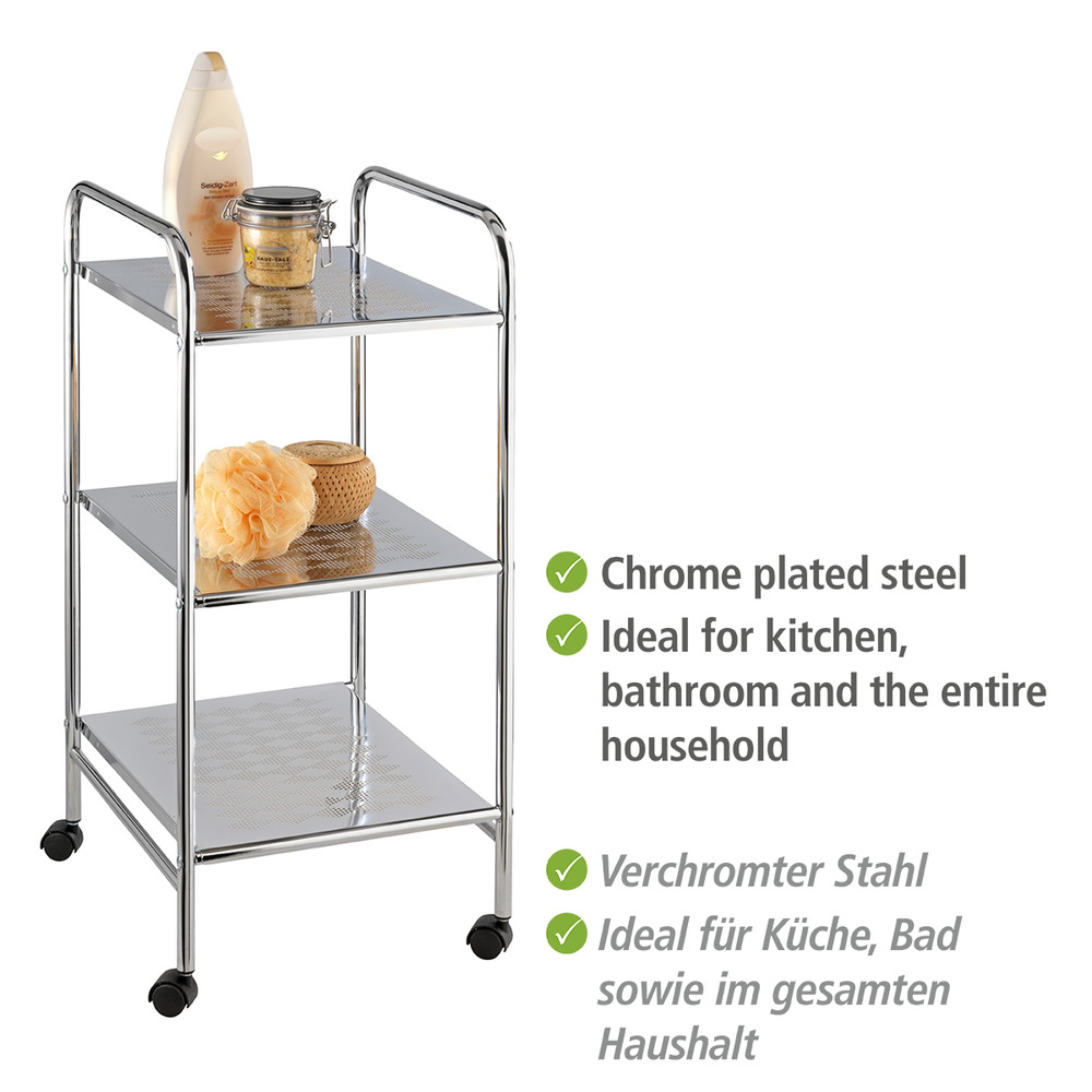 Desserte à roulette, 3 plateaux de rangement, 32x71x36,5 cm, acier chromé  en métal à l'aspect chromé brillant