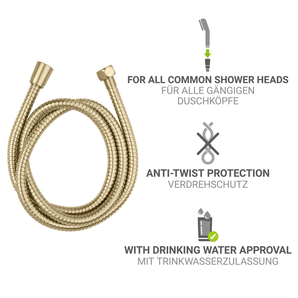 Tuyau de douche en acier inoxydable Mod. Brass 150 cm or  raccord standard 1/2", protection contre la torsion