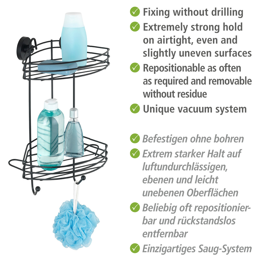 Etagère angle salle de bain murale, 2 paniers de rangement, solution sans perçage, innovation "Vacuum Loc Plus", Pavia, Noir  Système "Vacuum Loc", fixer sans perçer