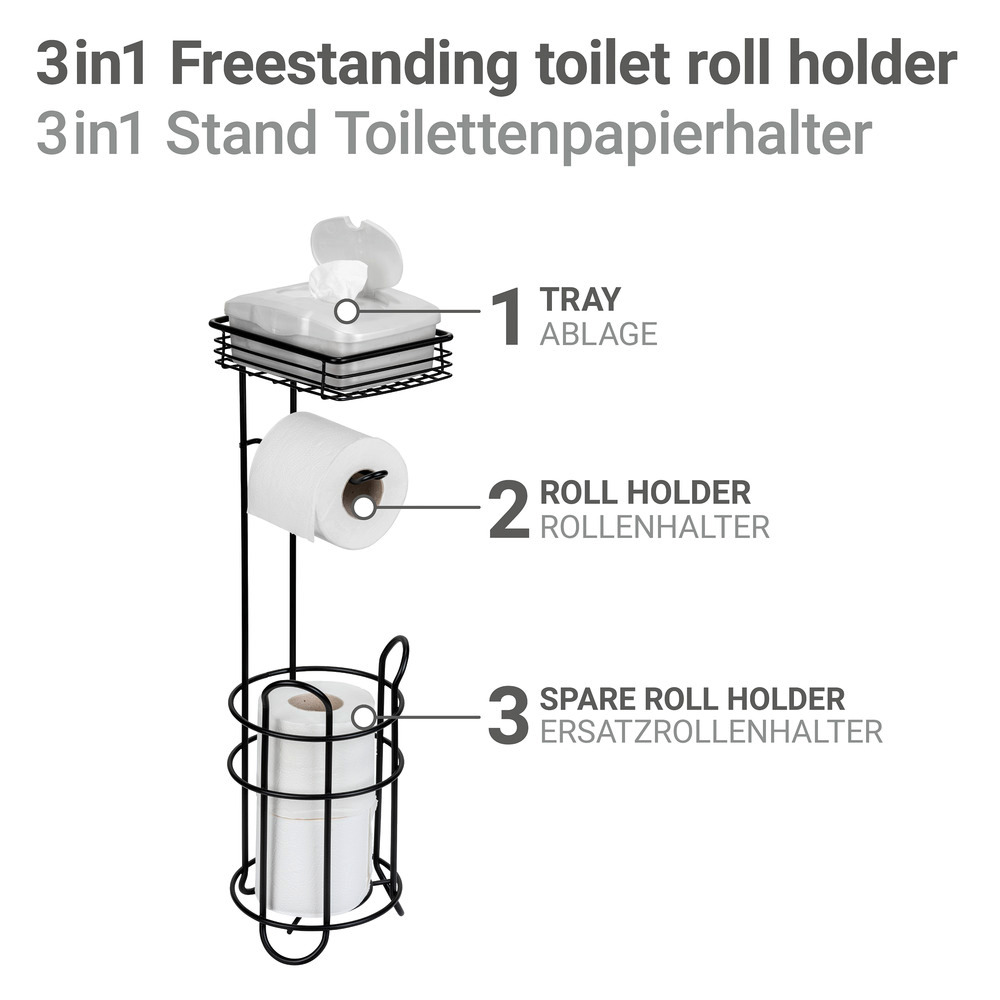 Support de papier toilette avec tablette et porte-rouleau de rechange en noir  avec tablette