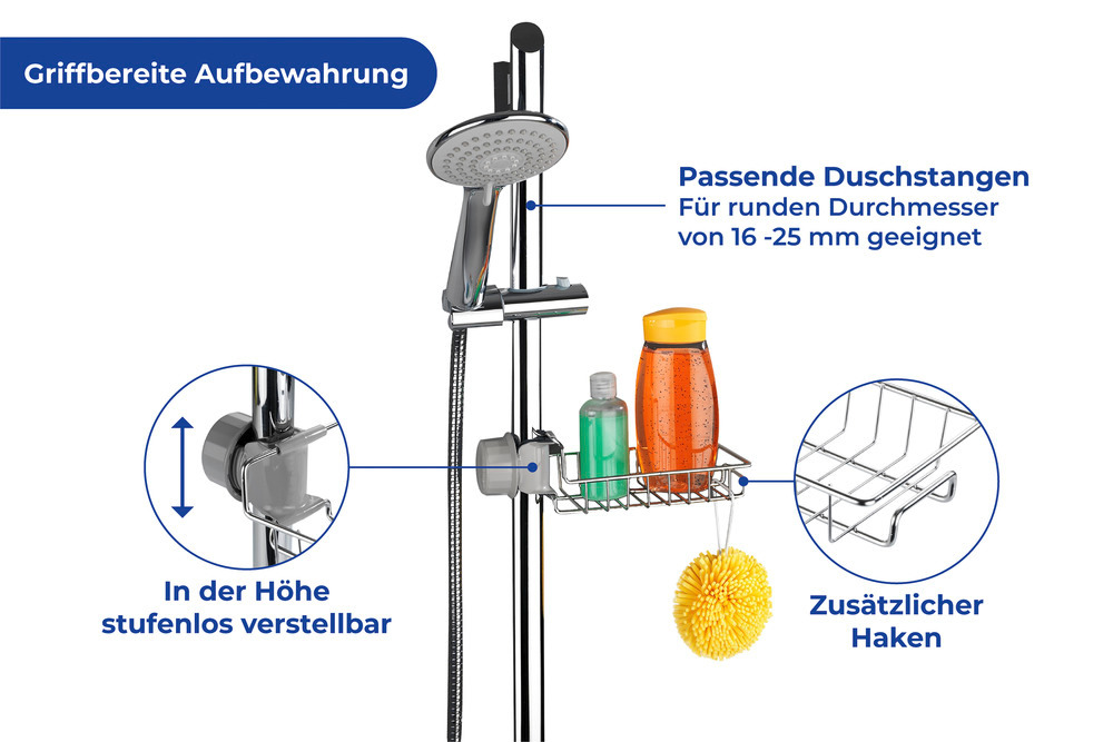 Etagère de douche en acier inoxydable  étagère de douche, facile à monter sur la barre de douche