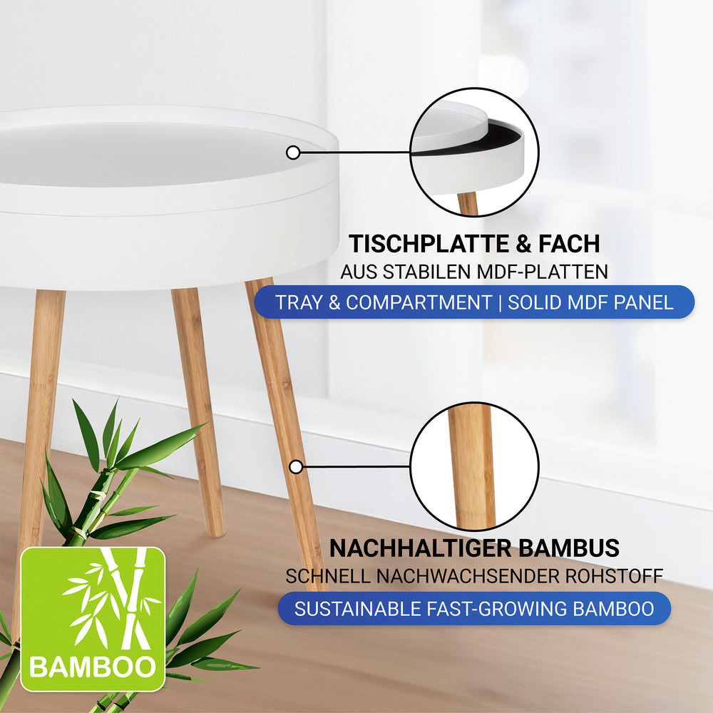 Table d'appoint ronde avec rangement Finja, bout de canapé rond avec tiroir, pied bambou style scandinave,   Table dappoint scandinave avec rangement,Table de nuit dans une chambre, bout de canapé