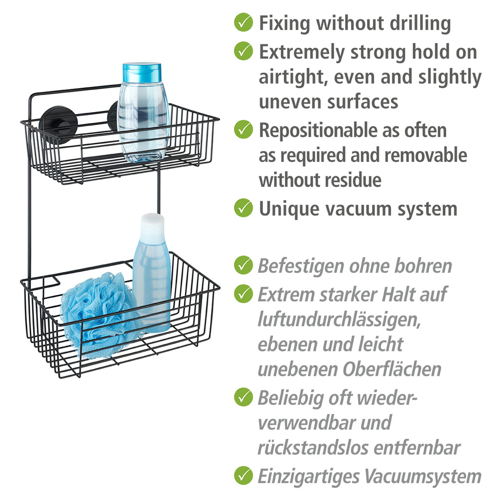 Etagère murale salle de bain, 2 paniers de rangement, solution sans perçage, innovation "Vacuum Loc Plus", Pavia, Noir  Système "Vacuum Loc", fixer sans perçer