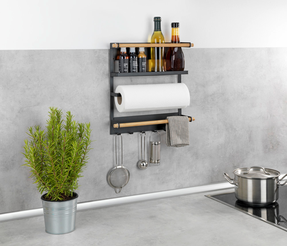 Etagère magnétique frigo, réfrégirateur, avec étagère porte épice, dérouleur sopalin magnétique et crochets suspension ustensiles de cuisine, Magna, noir  Fixation magnétique sans perçage