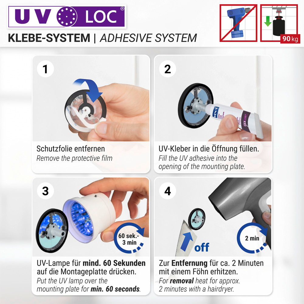 UV-Loc® Porte serviette Uno Isera, 60 cm  Fixation sans percer grâce à un système adhésif innovant