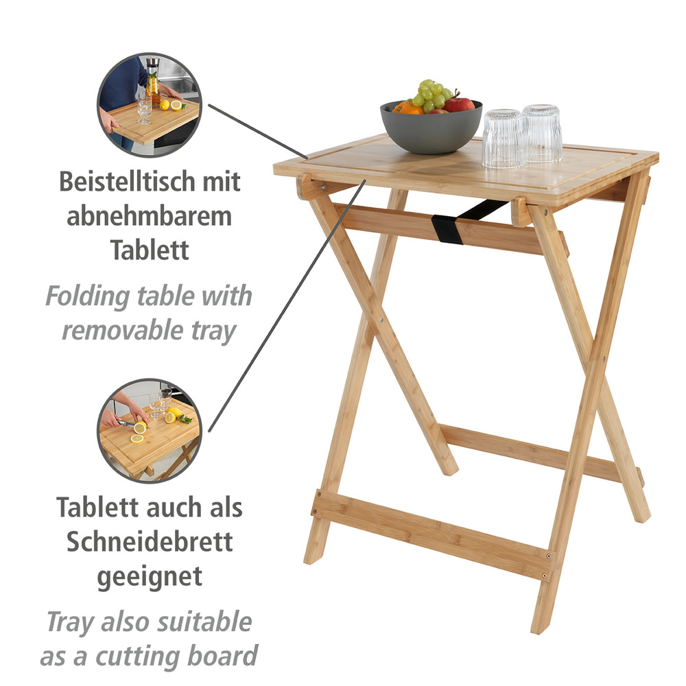 Table d'appoint bois pliable, 2en1 avec plateau amovible, planche à découper, bambou, Lugo  avec plateau