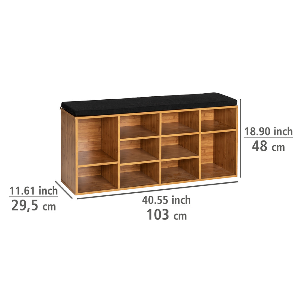 Banc d'entrée, banc de rangement chaussure bois avec assise en tissu, Loft, 103x48x29,5 cm, jusqu'à 10 paires de chaussures  pour jusqu'à 10 paires de chaussures