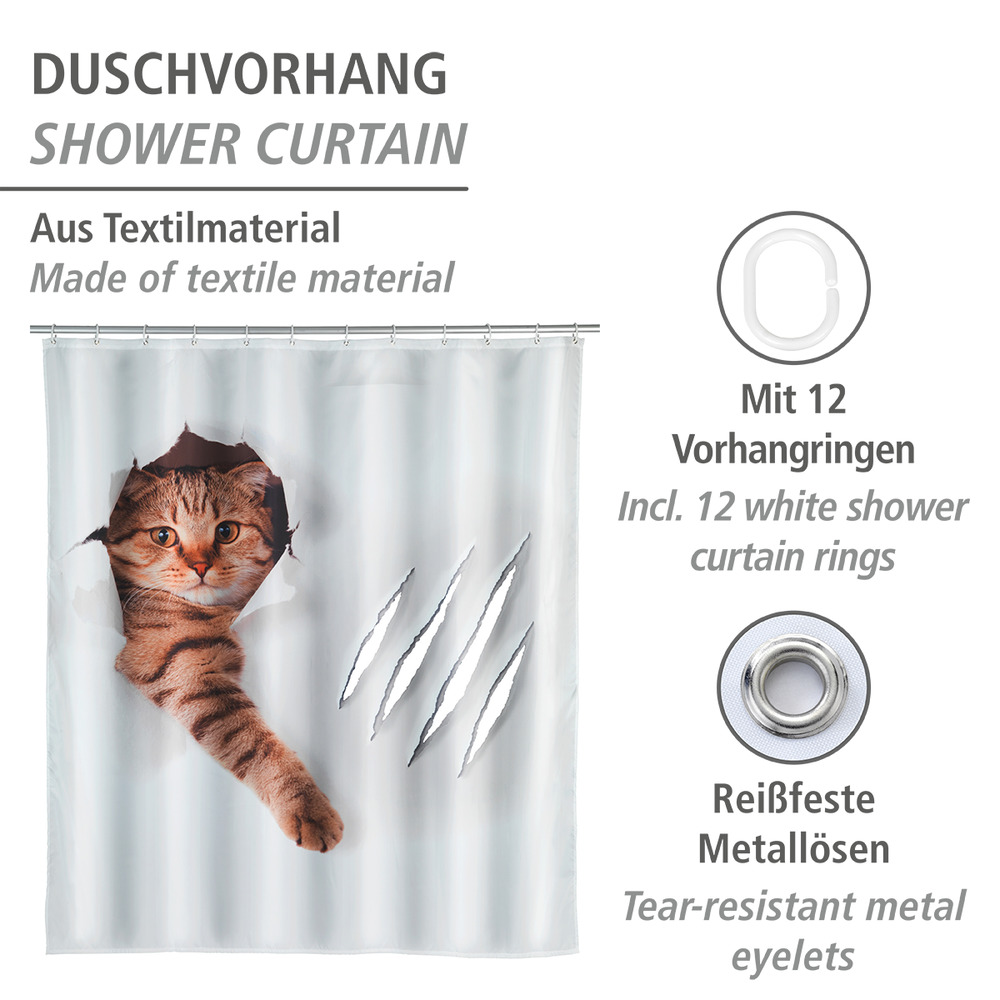 Rideau de douche Cute Cat  polyester, 180 x 200 cm, lavable