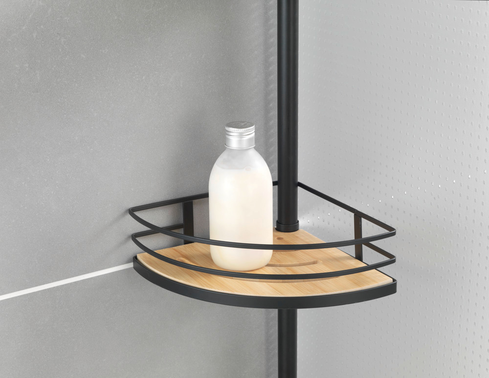 Etagère d'angle de douche, étagère salle de bain telescopique, acier noir et étagère en bois bambou, Dolcedo  inoxydable, étagère de douche