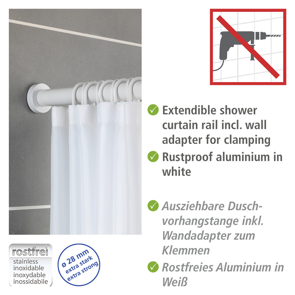 Barre de douche extensible, tringle rideau de douche 100% inox blanc, 70-115 cm  Tringle de douche extensible en aluminium inoxydable