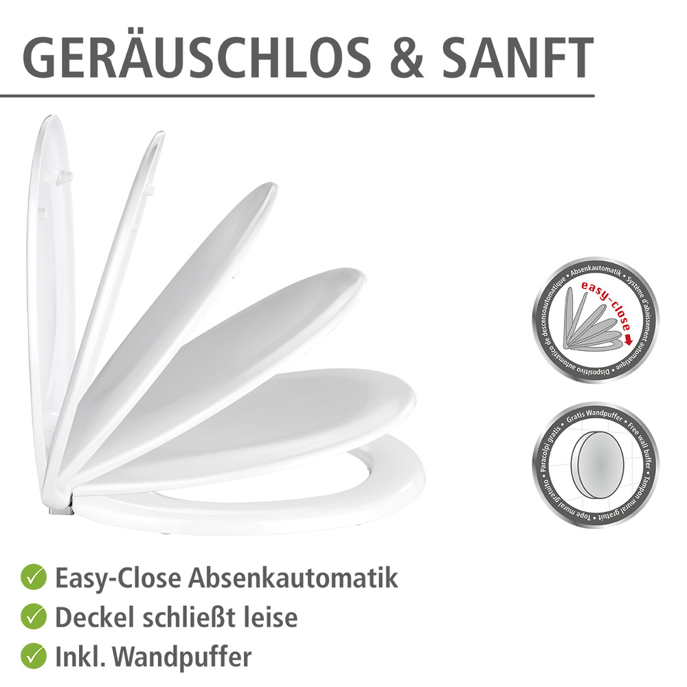 WENKO Abattant WC avec frein de chute Varoni, fixation inox Flix-Clip, montage facile, Duroplast, ovale, blanc  fixation inox Flix-Clip, montage facile, Duroplast, ovale, blanc