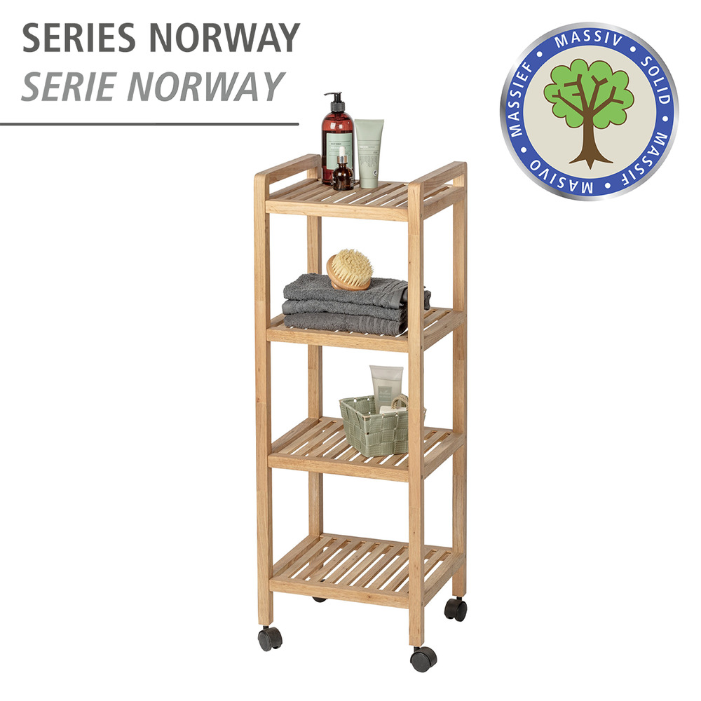 Etagère à roulettes 4 niveaux, bois Noyer, Norway,  35x97x31 cm  en noyer massif