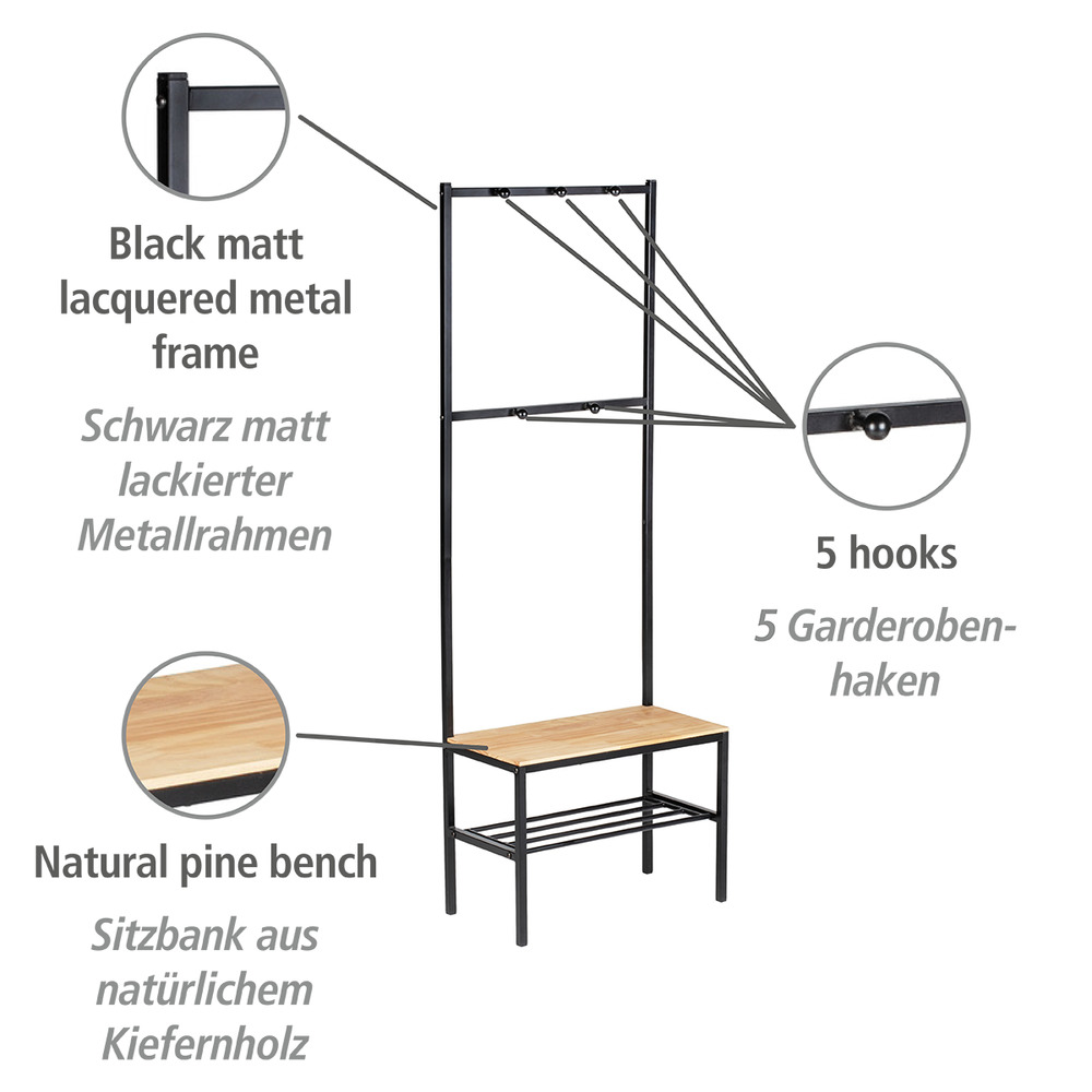 Vestiaire d'entrée, meuble d'entrée porte manteau bois et acier noir, 59x165x30 cm  Porte-manteau avec siège