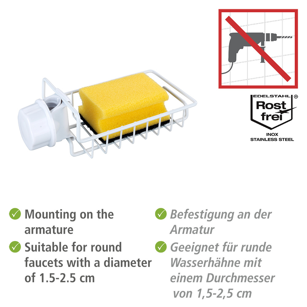 Porte Eponge Robinet, Porte éponge à fixer au robinet du lavabo ou de l'évier, Acier Blanc  en acier inoxydable