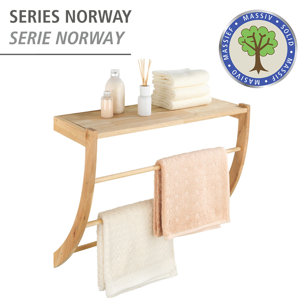 Porte Serviette mural bois, 3 niveaux avec étagère de rangement, Bois de Noyer, Norway, 60x50x25 cm  bois