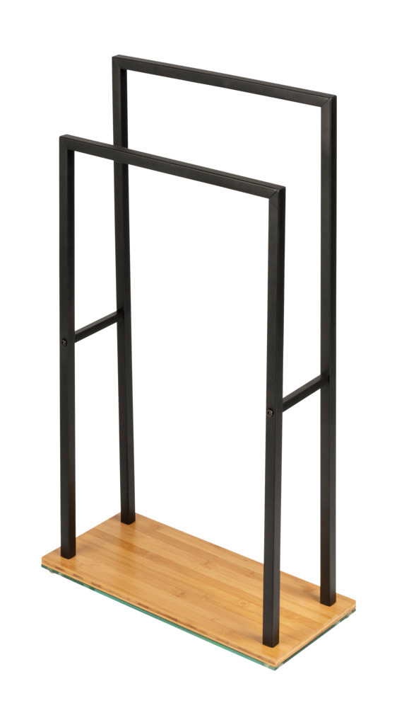 Porte Serviette sur pied acier noir et base bois lestée en bambou, 2 portants, 46x20x80 cm  en Bambou