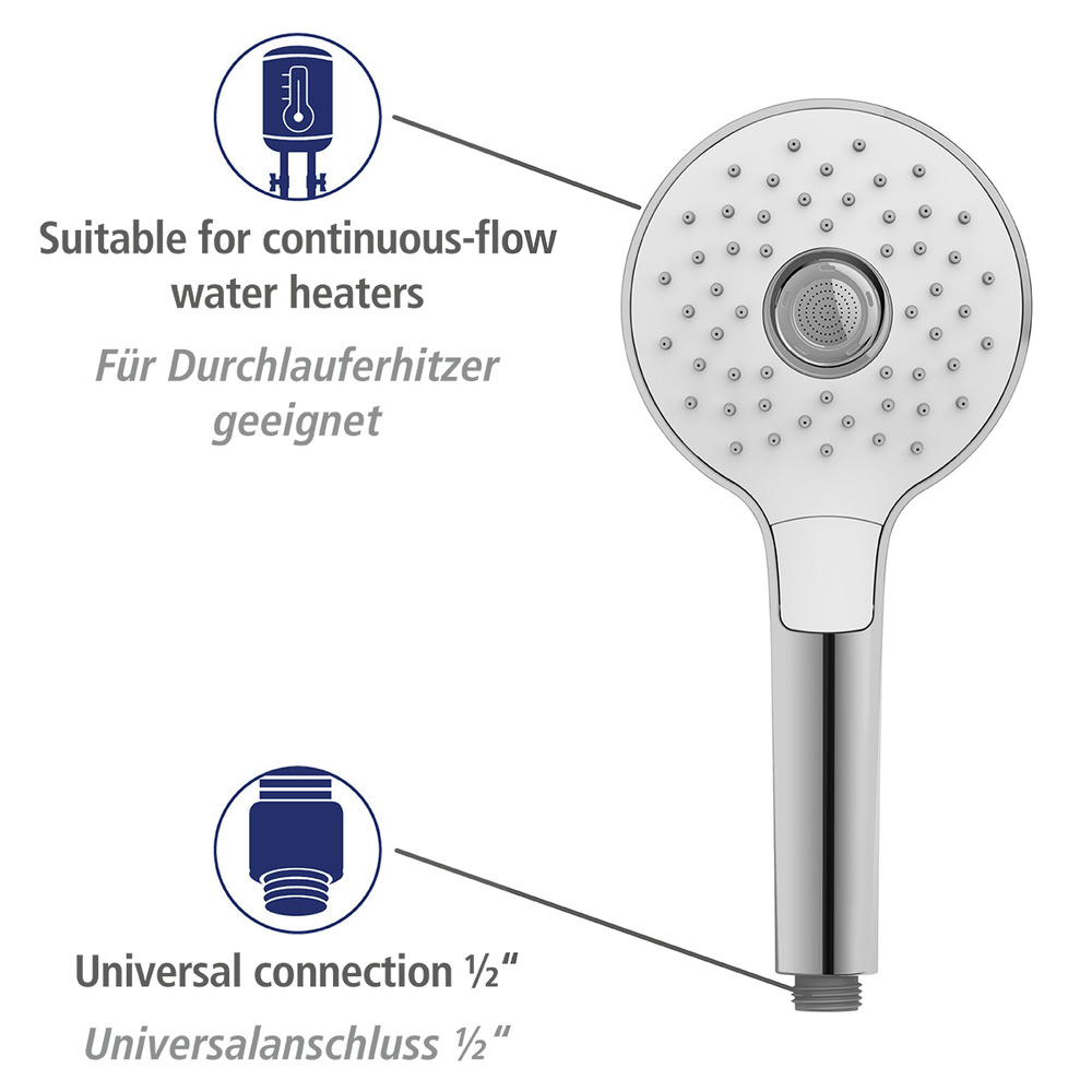 Pommeau de douche 3 jets, ø12 cm, finition chromée et blanc, embout universel 1/2", powerboost  ø12 cm