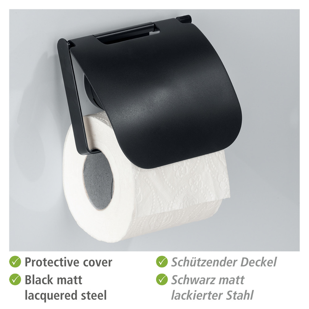 Porte Papier Toilette mural noir avec couvercle, solution sans perçage, innovation "Static Loc Plus", Pavia  solution sans perçage, innovation "Static Loc Plus"