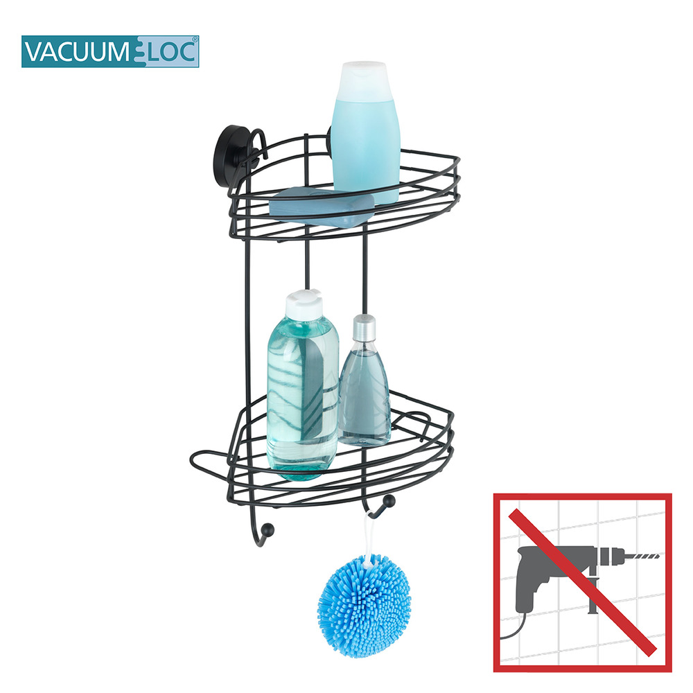 Etagère angle salle de bain murale, 2 paniers de rangement, solution sans perçage, innovation "Vacuum Loc Plus", Pavia, Noir  Système "Vacuum Loc", fixer sans perçer