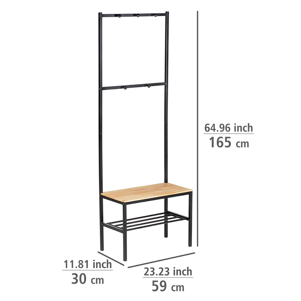 Vestiaire d'entrée, meuble d'entrée porte manteau bois et acier noir, 59x165x30 cm  Porte-manteau avec siège