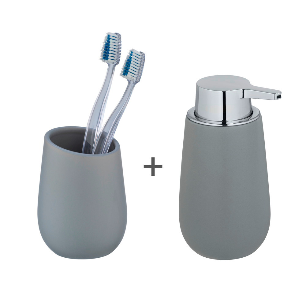 Ensemble de lavabo mod. Badi Gris, 2 pcs.  1 gobelet pour brosse à dents, 1 distributeur de savon