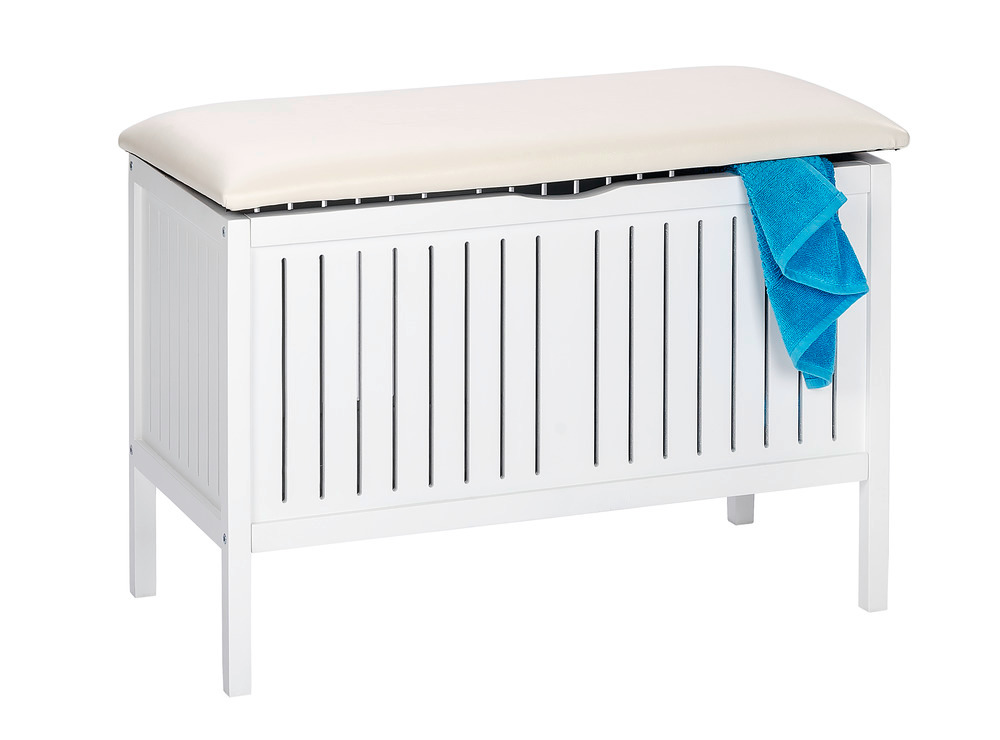 Banc salle de bain Oslo, banc panier à linge bois, blanc laqué, 78 x 55 x 39 cm  tabouret de salle de bain, bois véritable massif