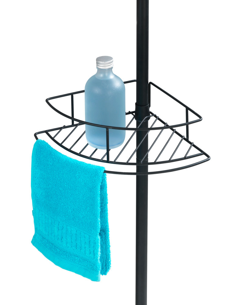 Etagère de salle de bain téléscopique, solution sans perçage, Dolcedo, Acier Noir  Etagere douche téléscopique d'angle