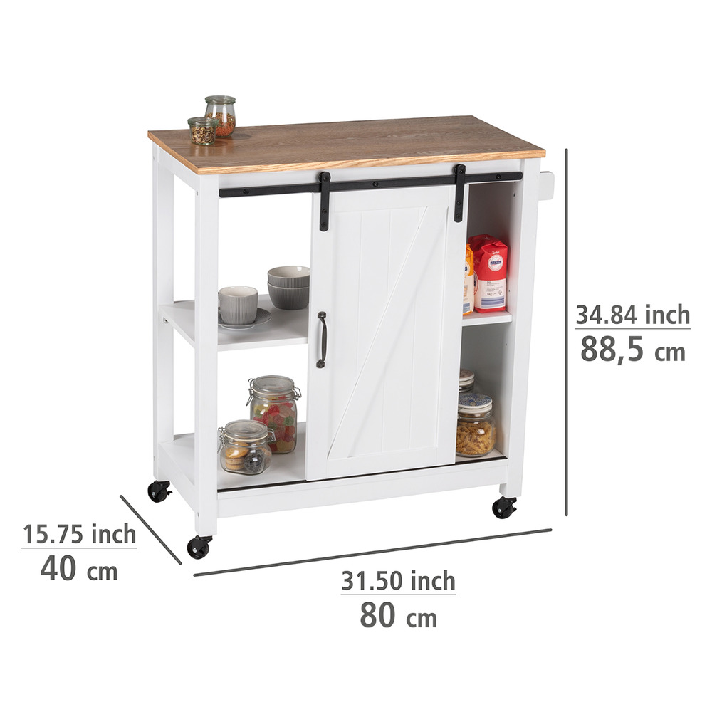 Desserte cuisine bois, style "campagne", desserte à roulettes avec porte coulissante, 80x88,5x40 cm  avec 4 roulettes