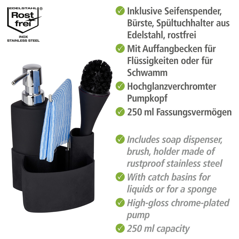 Organiseur pour évier, distributeur liquide vaisselle, porte éponge, goupillon, Empire noir  avec brosse de lavage