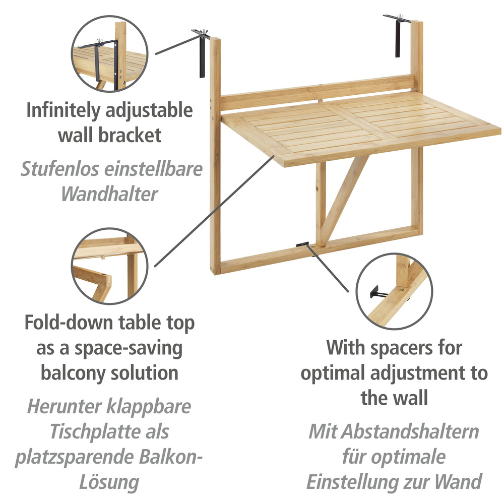 Table pliante en bambou pour balcon Waikiki  A accrocher à la balustrade du balcon