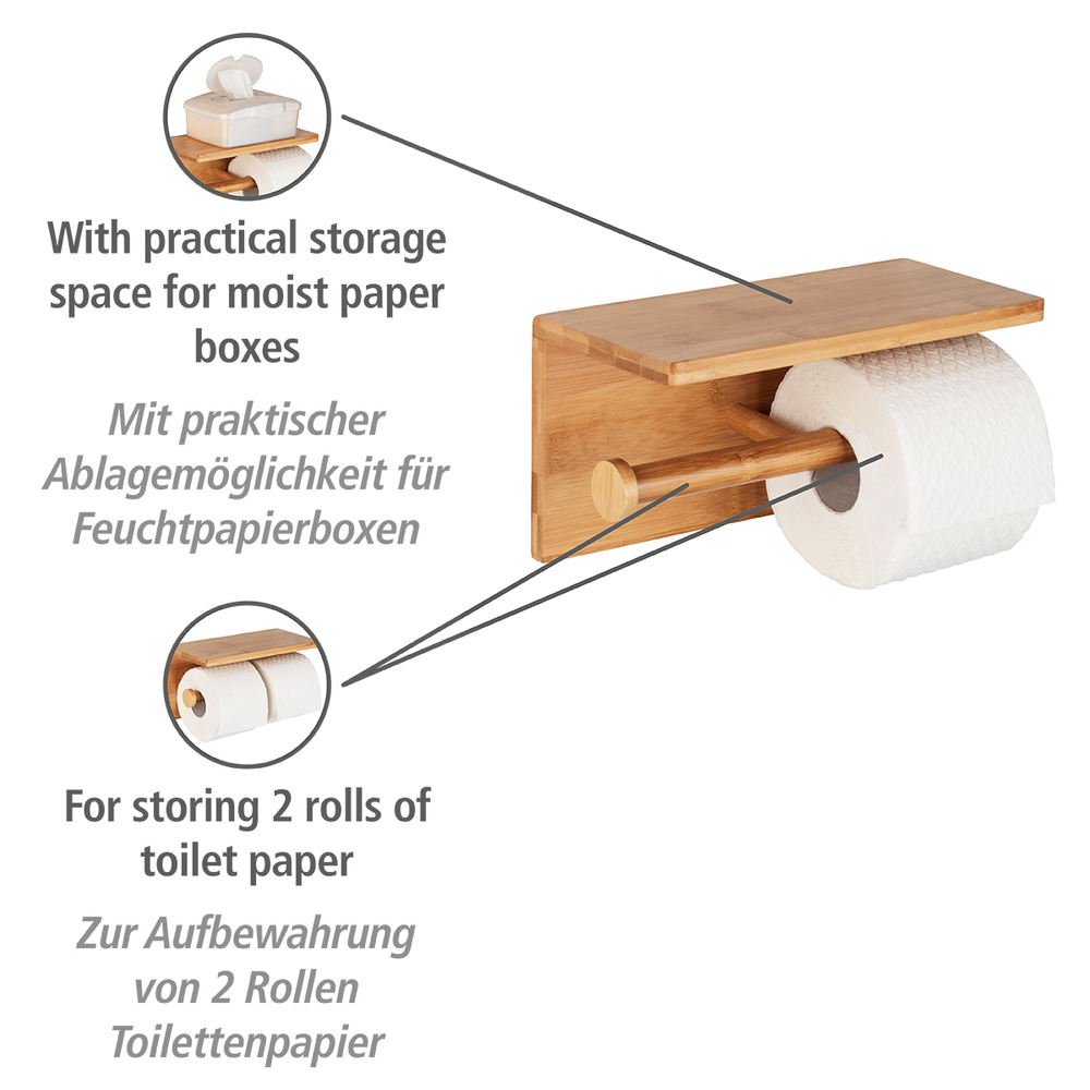 Porte papier toilette bois, avec support smartphone, capacité de rangement 2 rouleaux, Bambusa  en Bambou