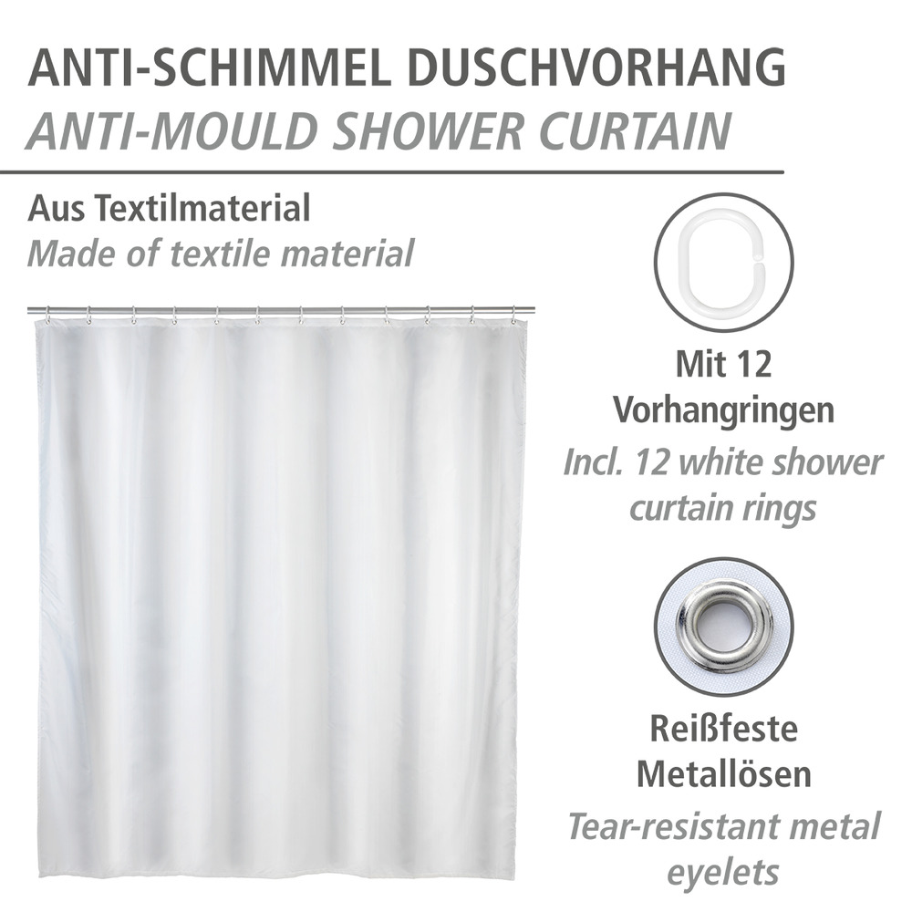 Rideau de douche Blanc anti-moisissure  polyester, lavable