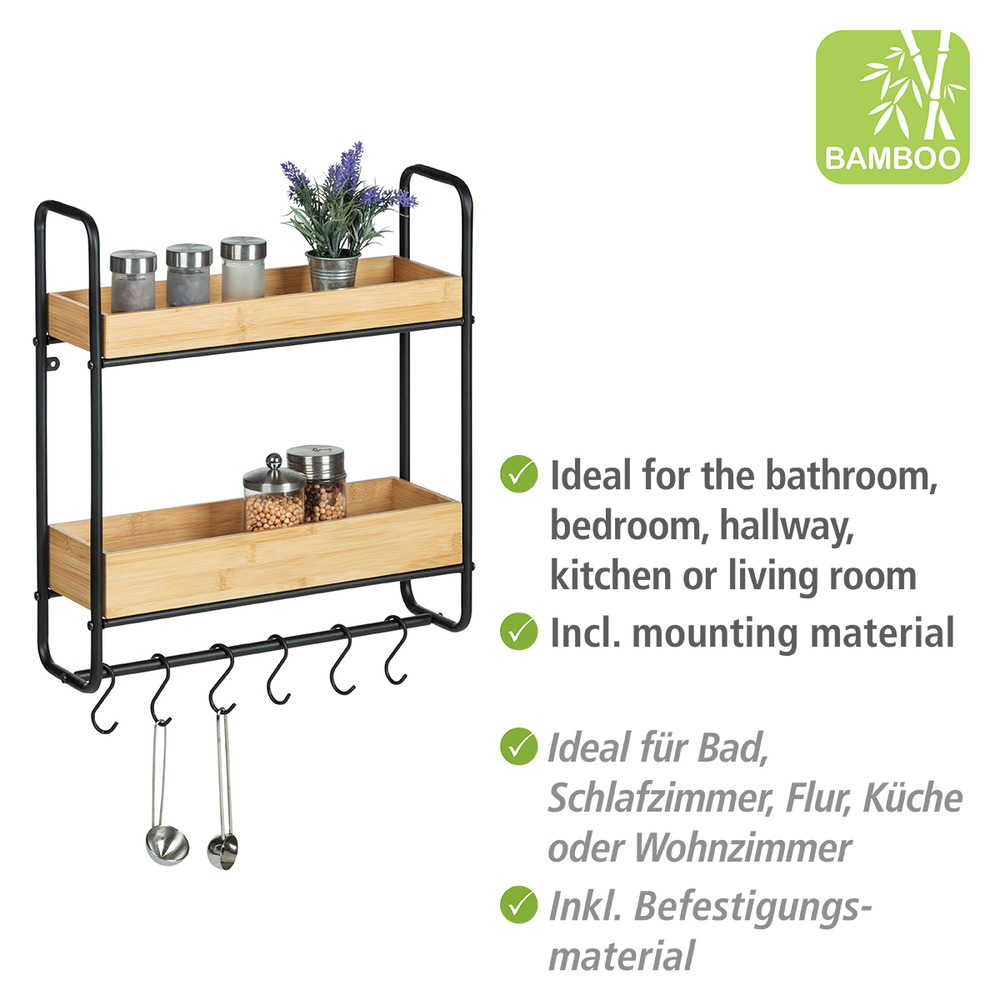 Etagère murale industrielle Loft, étagère murale bois acier noir, 2 plateaux avec crochet de suspension cuisine,   Etagere salle de bain murale avec crochet porte servietteBois et acier noir