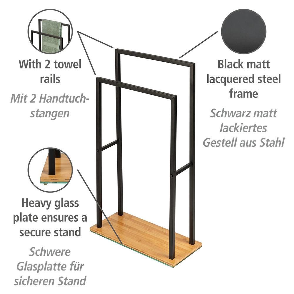 Porte Serviette sur pied acier noir et base bois lestée en bambou, 2 portants, 46x20x80 cm  en Bambou