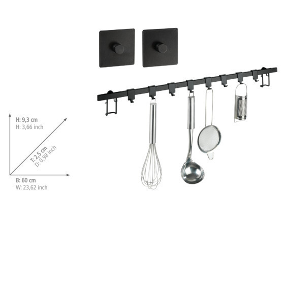 Barre de crédence cuisine Gala, Porte Ustensiles de cuisine mural avec 8 crochets de suspension,   Acier, 60x4x2,5 cm, Noir Mat