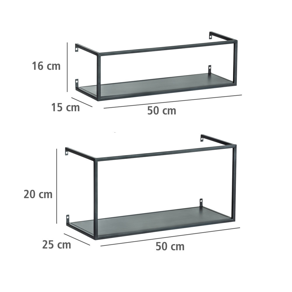 Lot de 2 étagères murales métal noir et mdf, design industriel, L50x25xL20 cm et L50x16x15 cm  