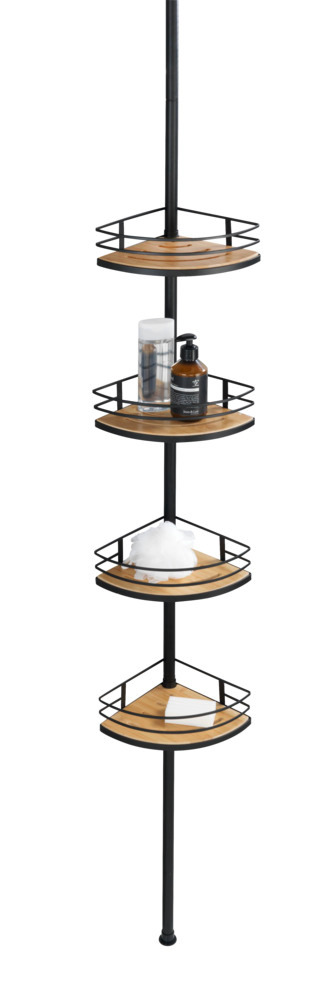 Etagère d'angle de douche, étagère salle de bain telescopique, acier noir et étagère en bois bambou, Dolcedo  inoxydable, étagère de douche