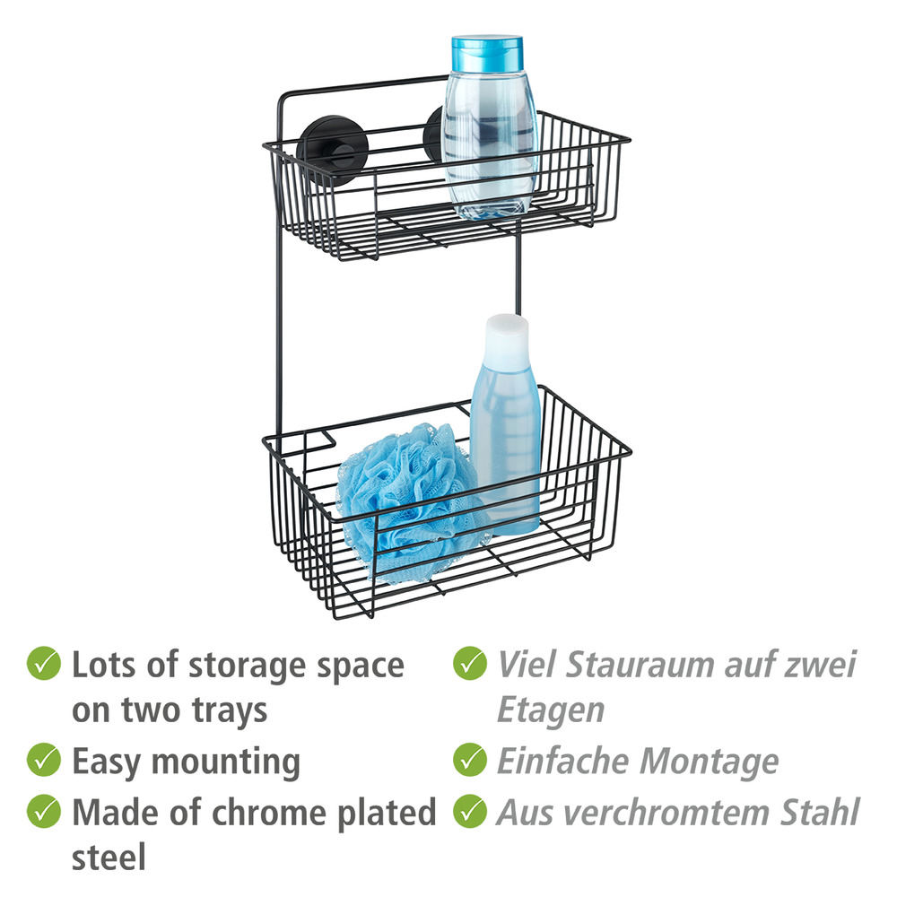 Etagère murale salle de bain, 2 paniers de rangement, solution sans perçage, innovation "Vacuum Loc Plus", Pavia, Noir  Système "Vacuum Loc", fixer sans perçer