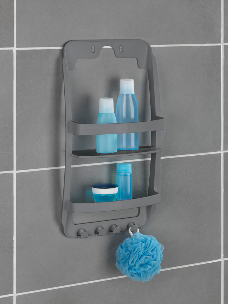 Etagère de douche à suspendre à la paroi de douche ou à fixer au mur, fixation inclus, en plastique résistant, anthracite  Serviteur de douche à suspendre à la paroi de douche