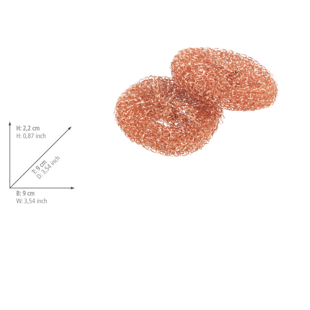 Eponge Cuivre, Lot de 2  Elimine les saletés tenaces sans rayurePour l‘acier inoxydable, la vitrocéramique et la porcelaine.