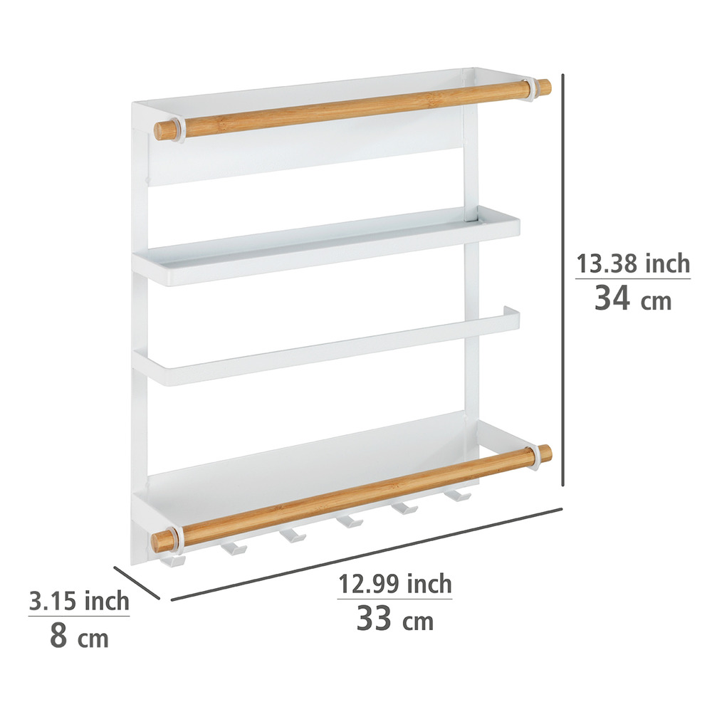 Etagère magnétique frigo, réfrégirateur, avec étagère porte épice, dérouleur sopalin magnétique et crochets suspension ustensiles de cuisine, Magna, blanc  Fixation magnétique sans perçage