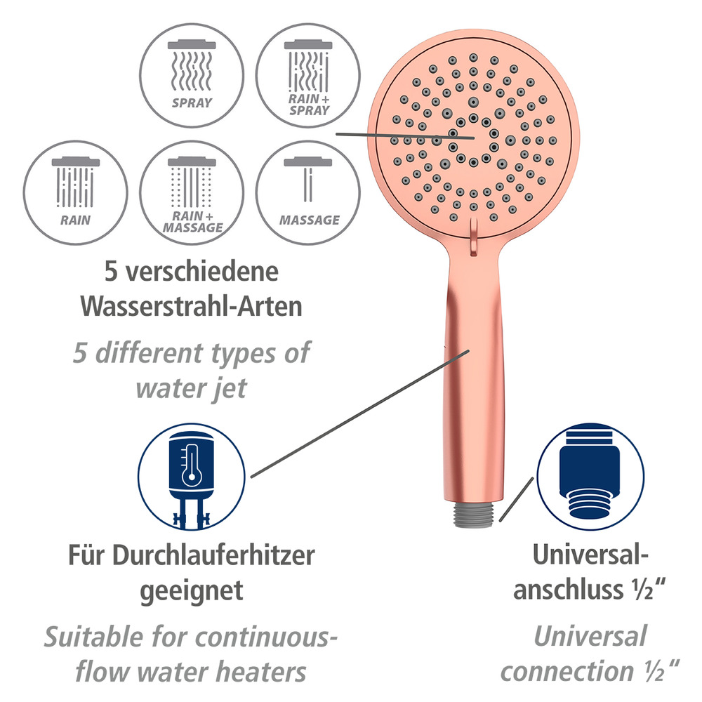 Pomme de douche Young or rose  avec 5 types de jets