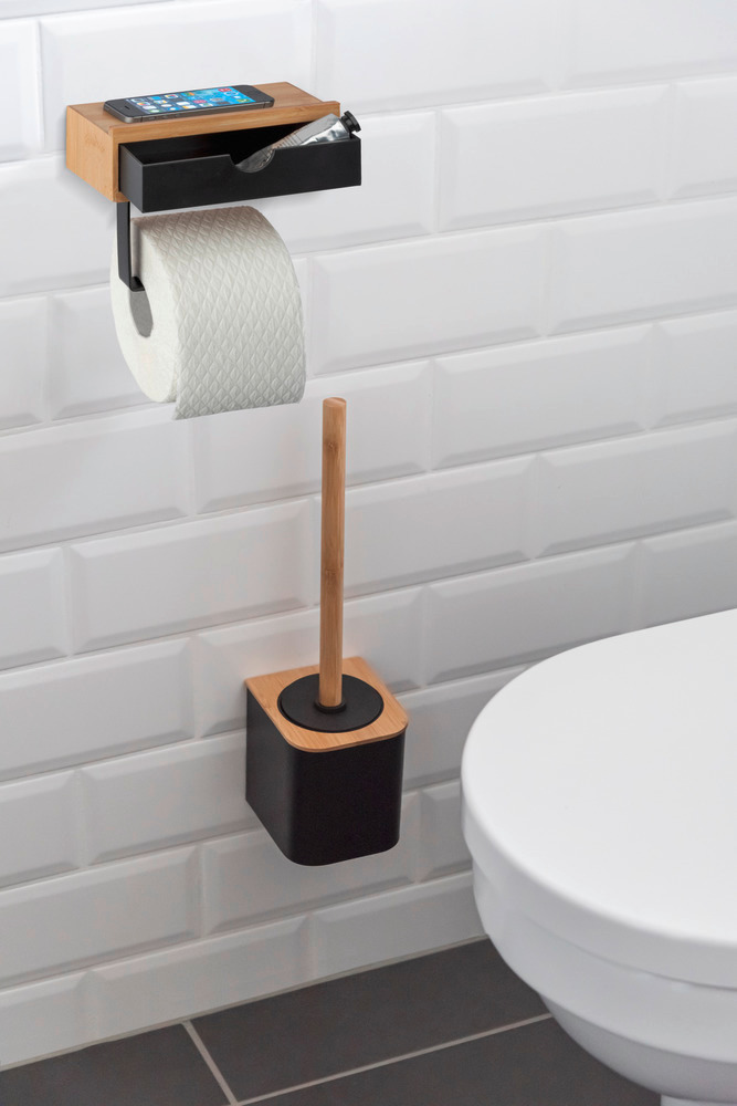 Porte papier toilette bois, avec support smartphone, et tiroir pratique de rangement, Bambusa  en Bambou